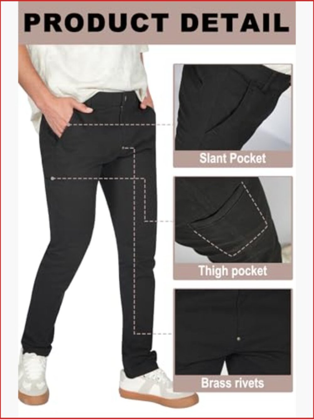 Skinny Fit Chino Pants, Slim Tapered Khaki Pants with Pockets - Picture 4 of 7